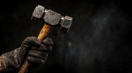 Close-up of a strong hand wearing a protective glove, firmly holding a hammer aloft, representing strength, determination, and hard work.