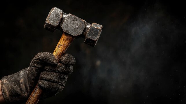 Close-up of a strong hand wearing a protective glove, firmly holding a hammer aloft, representing strength, determination, and hard work.