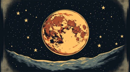 Fototapeta premium Retro lunar landscape, large orange moon rising over hills, starry night sky, cosmic art
