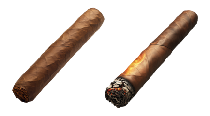 Cuban hand-rolled cigar with rouleau shading and A cigar with the burning end on transparent background