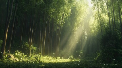 Obraz premium Sunlight streaming through lush green forest with tall straight trees, golden morning rays, eye-level shot, peaceful woodland atmosphere 