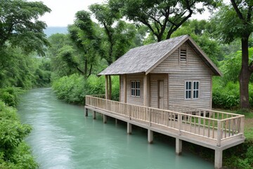 Naklejka premium A bamboo house on stilts beside a flowing river in Southeast Asia