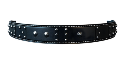 Realistic studded belt with black leather and silver rivets, transparent background