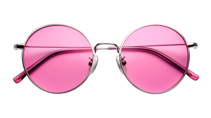 Retro round sunglasses with pink-tinted lenses and thin silver rims, isolated