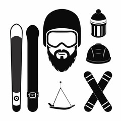 Ski Equipment Silhouette Icons – Skis, Poles, Helmets, Goggles & Winter Sports Gear Vector Set