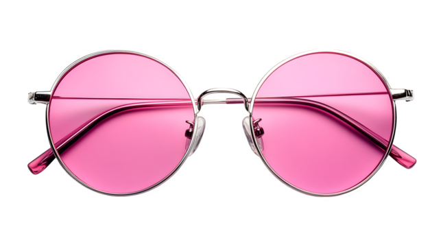 Retro round sunglasses with pink-tinted lenses and thin silver rims, isolated