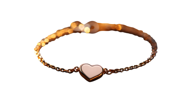 Rose gold bracelet with heart-shaped charm and soft highlights, realistic style
