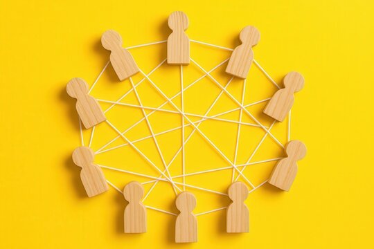 Connected Team Network With Wooden Figures On Yellow Background