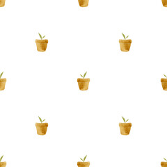 Obraz premium Cute watercolor flower pot seamless pattern with transparent background perfect for kids’ fabric designs. Ideal for textiles, nursery decor and children’s clothing. 