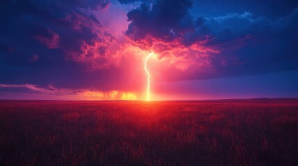 Electric symphony: Lightning's vibrant dance over a crimson prairie expanse