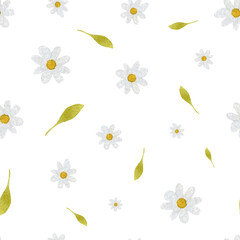 Obraz premium Cute watercolor chamomile seamless pattern with transparent background perfect for kids’ fabric designs. Ideal for textiles, nursery decor and children’s clothing. 
