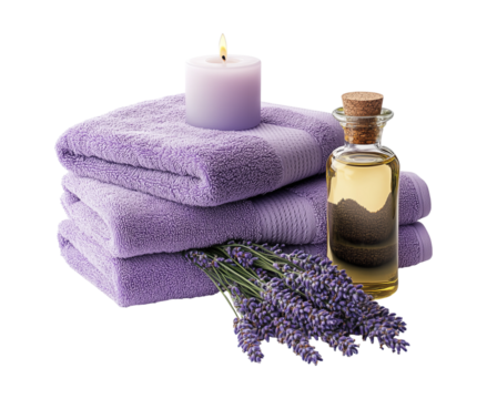 A stack of towels, an oil bottle, and lavender flowers next to it. Spa items on transparent background