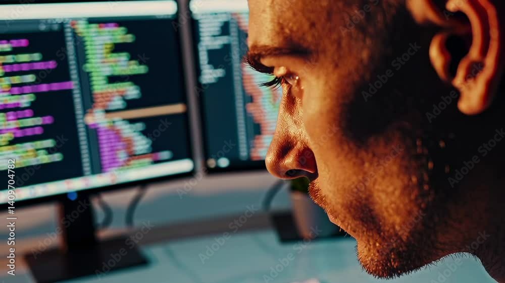 Leinwandbilder Close up profile view of a focused male programmer working late at night, illuminated by the glow of multiple computer screens displaying lines of code