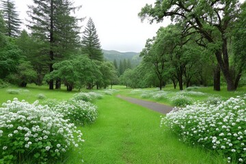 Naklejka premium A green valley carpeted with clover, wildflowers, and small shrubs