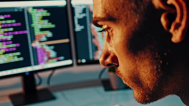 Close up profile view of a focused male programmer working late at night, illuminated by the glow of multiple computer screens displaying lines of code