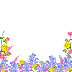 Botanical border of various colorful flowers along the bottom edge on a light blue background with ample copy space. cheerful vibe,Ideal for greeting cards,invitations,spring-themed designs.