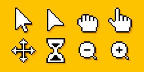 Pixel cursor pointers. Set of 8 bit computer mouse cursor pointers. Pointer hand, hourglass, arrows, magnifier.