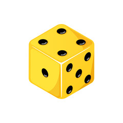 Game dice, yellow dice with the number four side coming up. Dice cube icon isolated on white background.