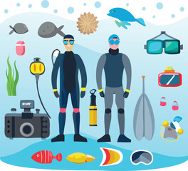 Scuba Diving Equipment Vector Set – Wetsuits, Fins, Snorkels, Masks & Underwater Gear Illustrations