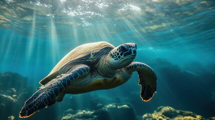 Fototapeta premium Ocean turtle swimming sunlit coral reef background, wildlife documentary