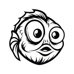 Round Fish Outline with Googly Eyes, Fins, Gills, Mouth, Scales, Stylized Line Art