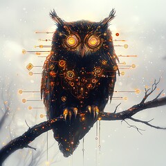 Tech Enhanced Owl Sentinel Perched on Branch Illuminating Knowledge and Wisdom in Digital