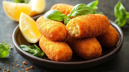 Artisan-style croquettes served on ceramic plate, with lemon wedges, basil leaves, and grated nutmeg nearby