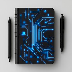Technology Notebook and Pens Digital Circuitry Design with Modern Style Aesthetics on Desk