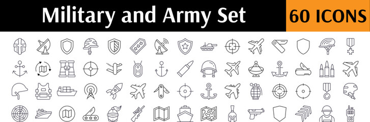 Army Line Icon Bundle. Military and Defense Outline Signs for Graphic and Web Design, Apps, Adverts, Various Cards