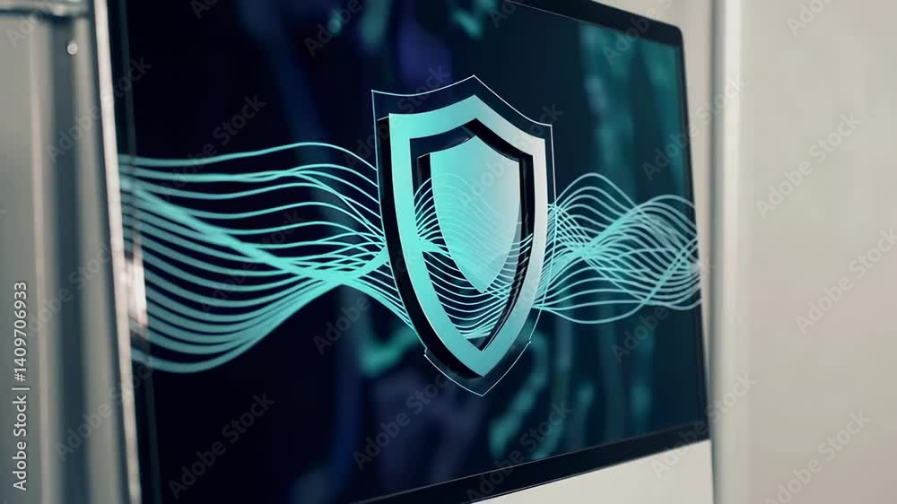 Poster Shield icon and dynamic wavy lines animating across computer screen, visualizing robust cybersecurity, data protection, and secure digital authentication processes