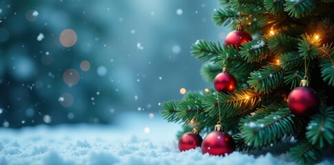 Evergreen Christmas tree with ornaments and lights against a snowy background, snowy, christmas decorations
