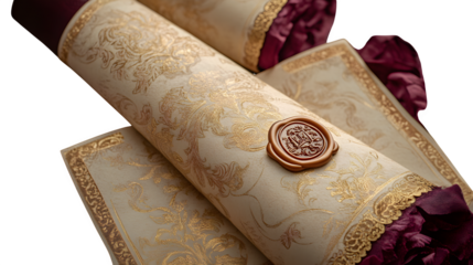 Royal gala invitation scroll with wax seal and gold edges, elegant paper design