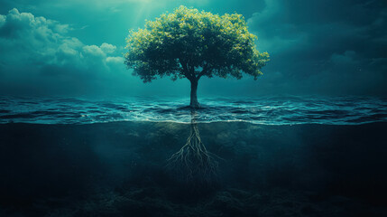 Obraz premium Surreal representation of ACT therapy with a floating tree symbolizing values and acceptance