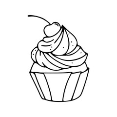 cute cupcake with cherry outline vector