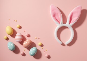 Cute pink cartoon bunny with chocolate eggs celebrates the spring holiday