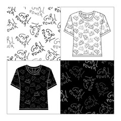 Seamless t-shirt print with repeated hand-written 'Girl Power' quote, black and white background versions. Feminist fashion.