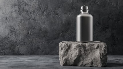 High-quality steel flask standing on a rough concrete block, a perfect blend of industrial aesthetics and eco-conscious lifestyle.