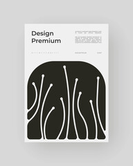 Strict poster with organic shapes and curved lines. Bold black forms, contemporary graphic design aesthetic.
