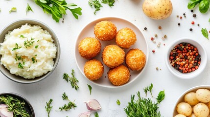 Crispy croquettes beside bowls of mashed potatoes, shredded chicken, and herbs, cooking concept on white background