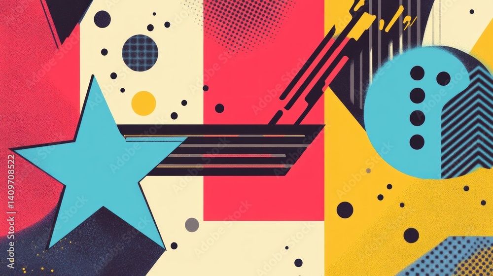 Poster dynamic composition of geometric shapes and halftone patterns evoking retro modernism in a vivid col