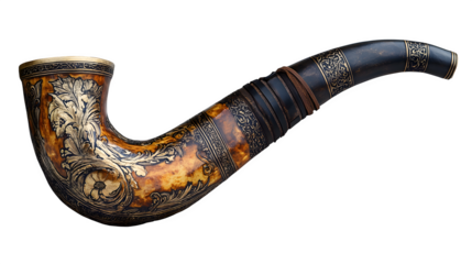 Royal hunting horn with engraved metal and leather wrap, medieval look