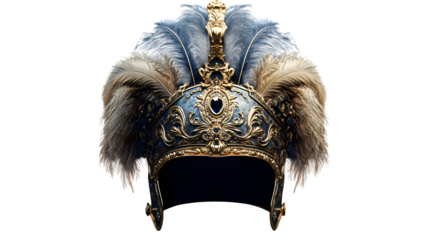 Royal helmet with feathered plume and golden filigree, photorealistic PNG