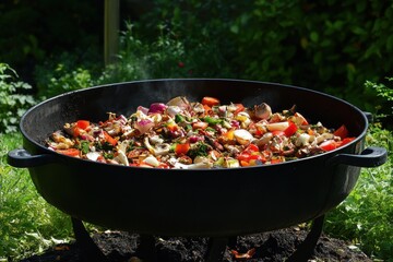 Colorful Array of Fresh Vegetables and Meat Cooking Outdoors
