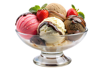 Ice cream sundae in a glass bowl, with scoops of vanilla, chocolate, and strawberry ice cream, isolated on  white background PNG