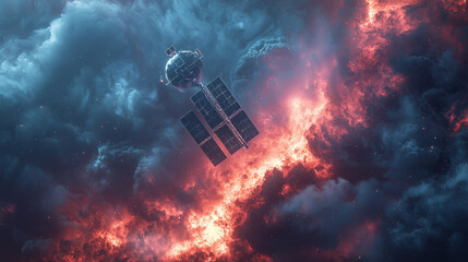 Satellite in fiery space with dramatic clouds
