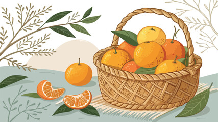 Mandarin in basket with Mandarin slice in natural background, Mandarin Illustration vector design