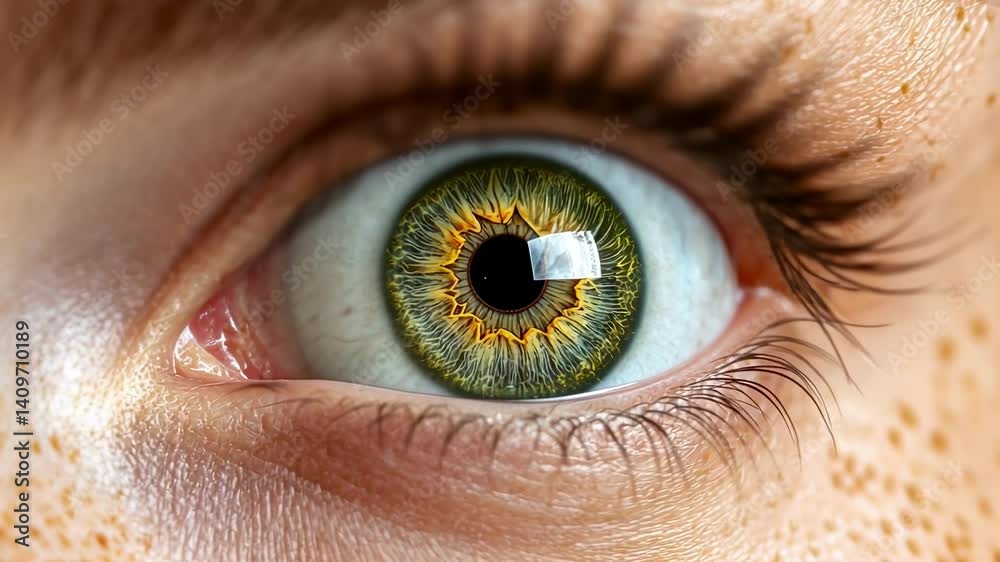 Poster macro photography capturing intricate details of a human eye, featuring the unique iris pattern, pup