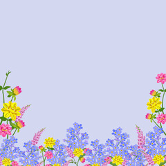 Botanical border of various colorful flowers along the bottom edge on a light blue background with ample copy space. cheerful vibe,Ideal for greeting cards,invitations,spring-themed designs.