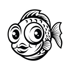 Outlined Round Fish with Large Eyes, Scales, Fins, Tail, and Decorative Fillings