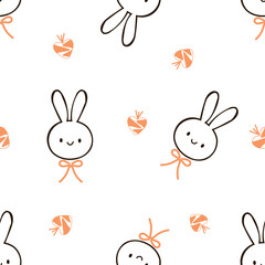 Seamless pattern with rabbit cartoons, ribbon bows and heart shape carrot on white background vector.